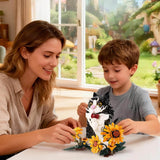 Cat Sunflower KQ201 building set featuring a child and parent assembling a cute sunflower cat model.