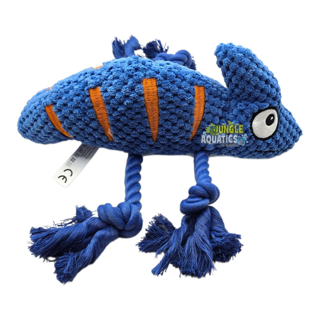 Chameleon Rope Squeaker Dog Toy with rope legs in blue, designed for interactive play.