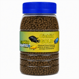Cichlid Gold Food Pellet in a clear jar, advanced colour-enhancing food for cichlids and large ornamental fish.