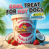 Cool Dogs Ice Cream for Dogs container on the beach, featuring strawberry and coconut, perfect for refreshing pups.