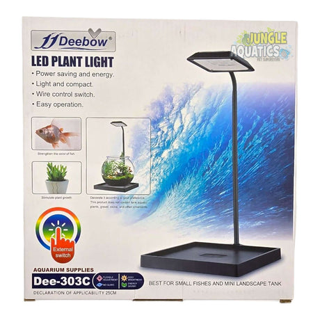 Deebow LED Plant Light with Base in packaging, showcasing features for indoor plant growth and aquarium use.