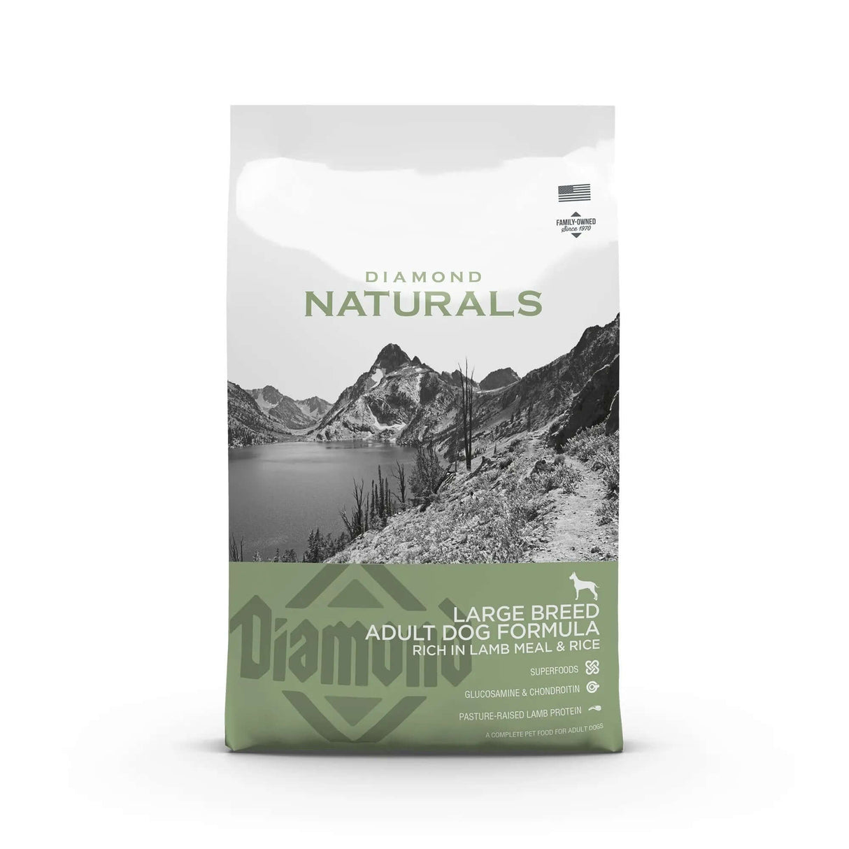 Diamond Naturals Large Breed Adult Dog Formula Rich in Lamb Meal and Rice Dry Dog Food package design.