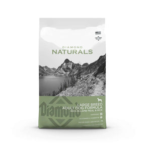 Diamond Naturals Large Breed Adult Dog Formula Rich in Lamb Meal and Rice Dry Dog Food package design.