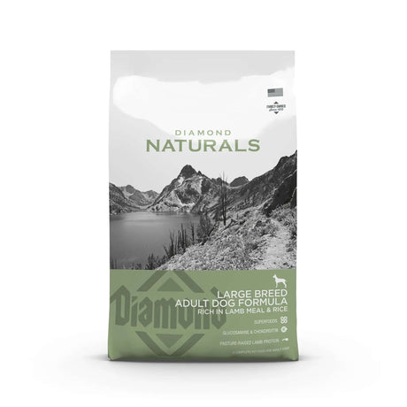 Diamond Naturals Large Breed Adult Dog Formula Rich in Lamb Meal and Rice Dry Dog Food package design.