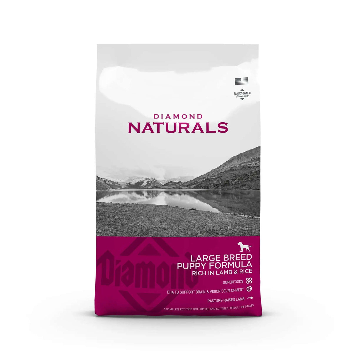 Diamond Naturals Large Breed Puppy Formula Rich in Lamb and Rice Dry Dog Food bag showcasing high-quality nutrition.