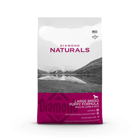 Diamond Naturals Large Breed Puppy Formula Rich in Lamb and Rice Dry Dog Food bag showcasing high-quality nutrition.