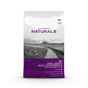Diamond Naturals Small Breed Adult Dog Formula Rich in Chicken and Rice Dry Dog Food packaging with scenic background.