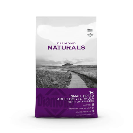 Diamond Naturals Small Breed Adult Dog Formula Rich in Chicken and Rice Dry Dog Food packaging with scenic background.