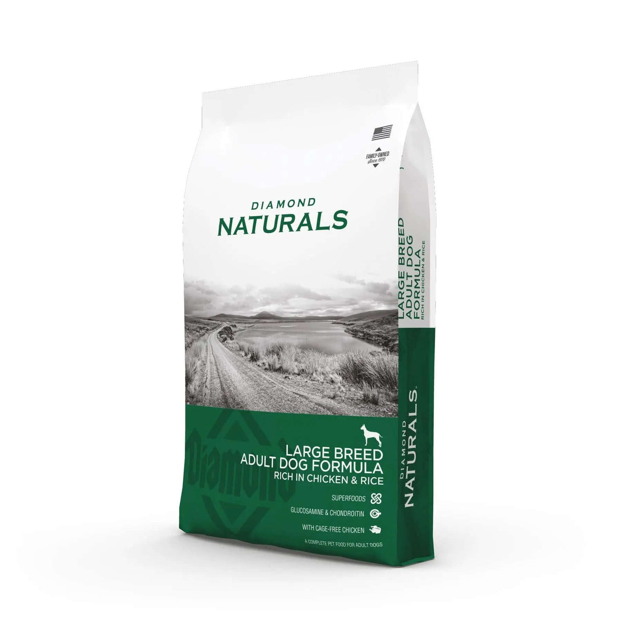 Diamond Naturals Large Breed Adult Dog Formula Rich in Chicken and Rice Dry Dog Food bag showing holistic nutrition.