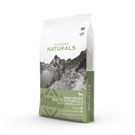 Diamond Naturals Large Breed Adult Dog Formula Rich in Lamb Meal and Rice Dry Dog Food packaging with mountains background.