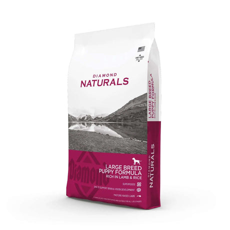 Diamond Naturals Large Breed Puppy Formula Rich in Lamb and Rice Dry Dog Food bag packaging.
