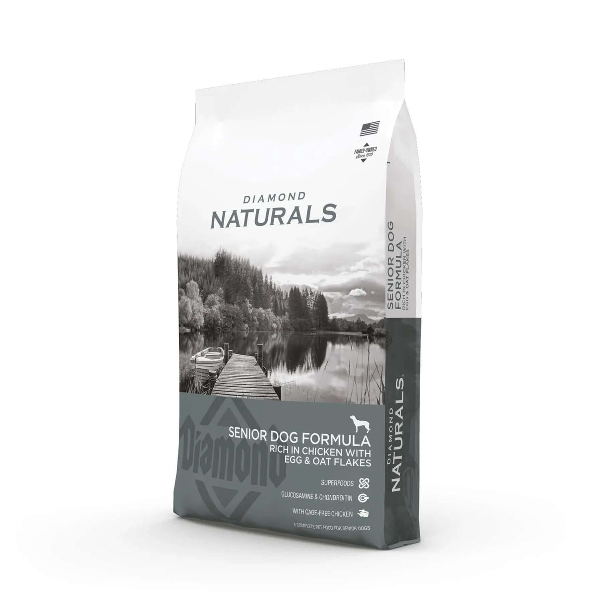 Diamond Naturals Senior Dog Formula Rich in Chicken with Eggs and Oat Flakes Dry Dog Food packaging on a scenic background.