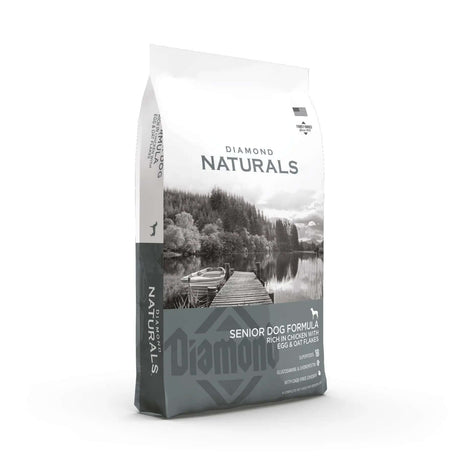 Diamond Naturals Senior Dog Formula Rich in Chicken with Eggs and Oat Flakes Dry Dog Food in a bag on a white background.