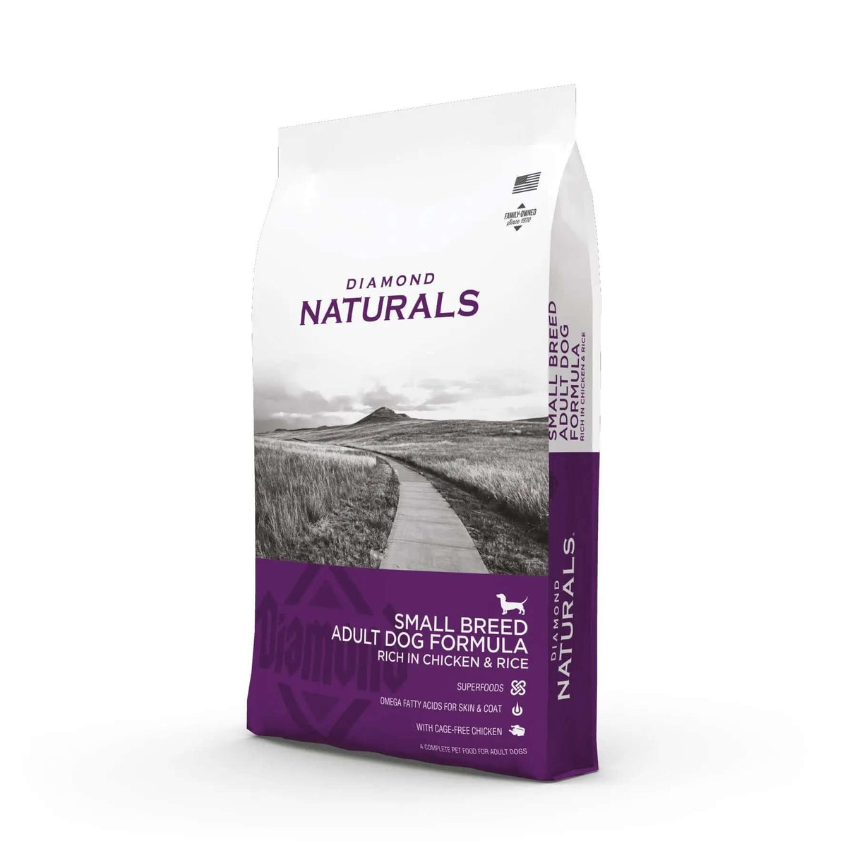 Diamond Naturals Small Breed Adult Dog Formula Rich in Chicken and Rice Dry Dog Food package on a path.