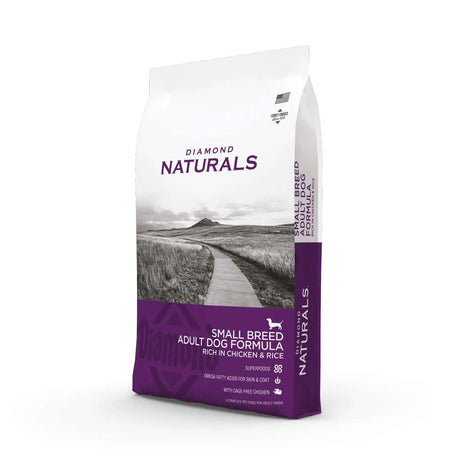 Diamond Naturals Small Breed Adult Dog Formula Rich in Chicken and Rice Dry Dog Food package on a path.