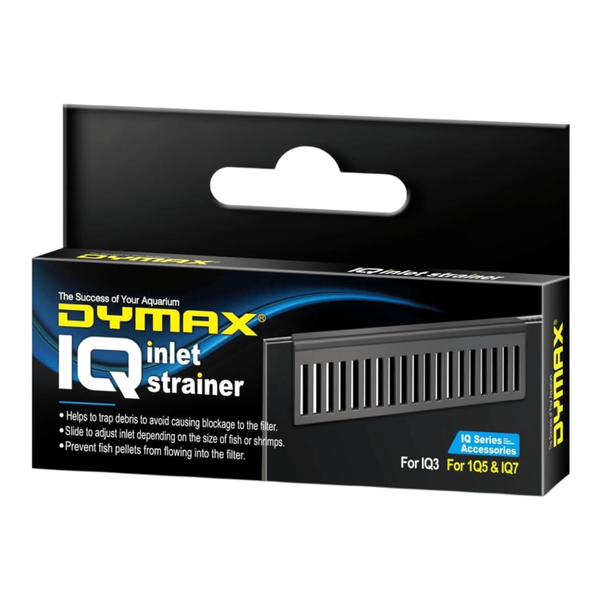 Dymax IQ Inlet Strainer package, designed to prevent clogs and protect small fish in aquariums.