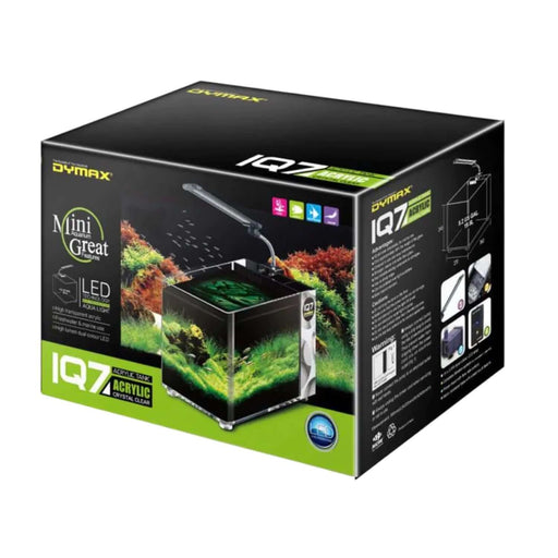 Dymax IQ7 acrylic aquarium packaging showcasing included light and filtration system, ideal for easy maintenance.