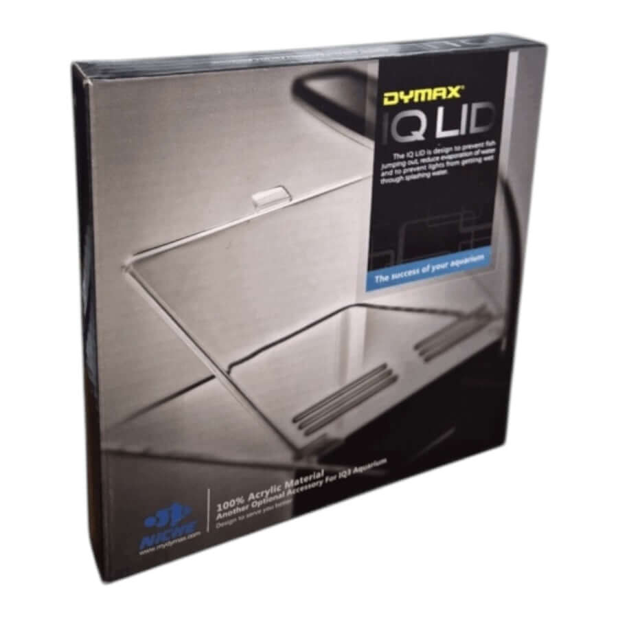 Dymax IQ Aquarium Lid packaging showing acrylic material and design to reduce evaporation and prevent fish from jumping.