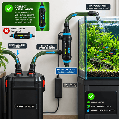 Dymax UV Flow 5W installation guide showing correct setup for in-line UV sterilizer in aquarium.