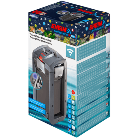 EHEIM Professionel 5e 600T external filter packaging with wireless control features.