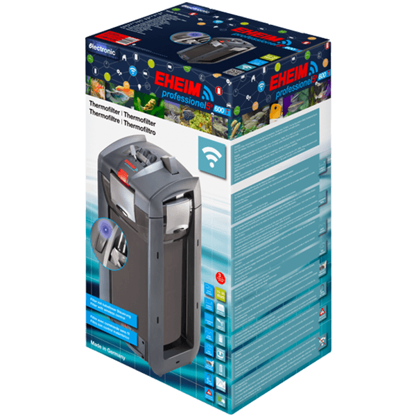 EHEIM Professionel 5e 600T external filter packaging with wireless control features.
