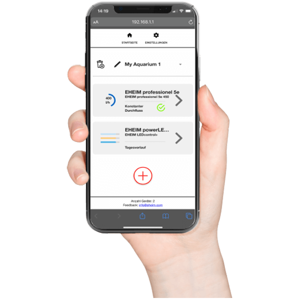EHEIM Professionel 5e 600T displayed on a smartphone app for aquarium monitoring and control.