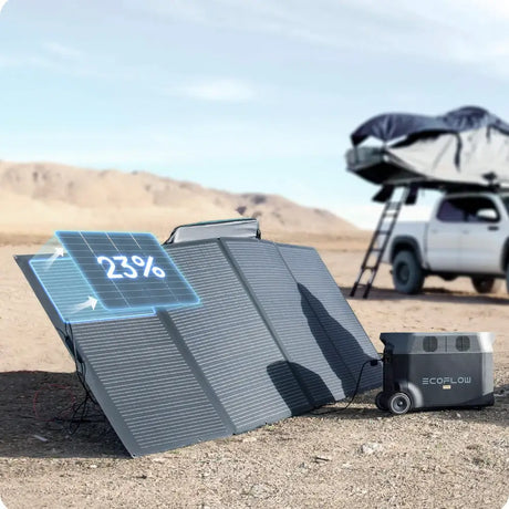 EcoFlow Portable Solar Panels - 400W Solar Panel charging portable power station in desert.