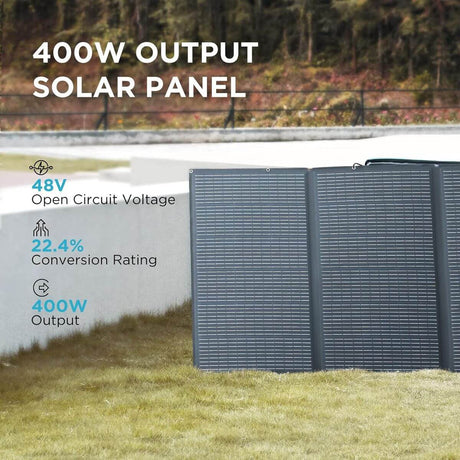 EcoFlow Portable Solar Panels - 400W Solar Panel showcasing 400W output and 22.4% conversion rating.