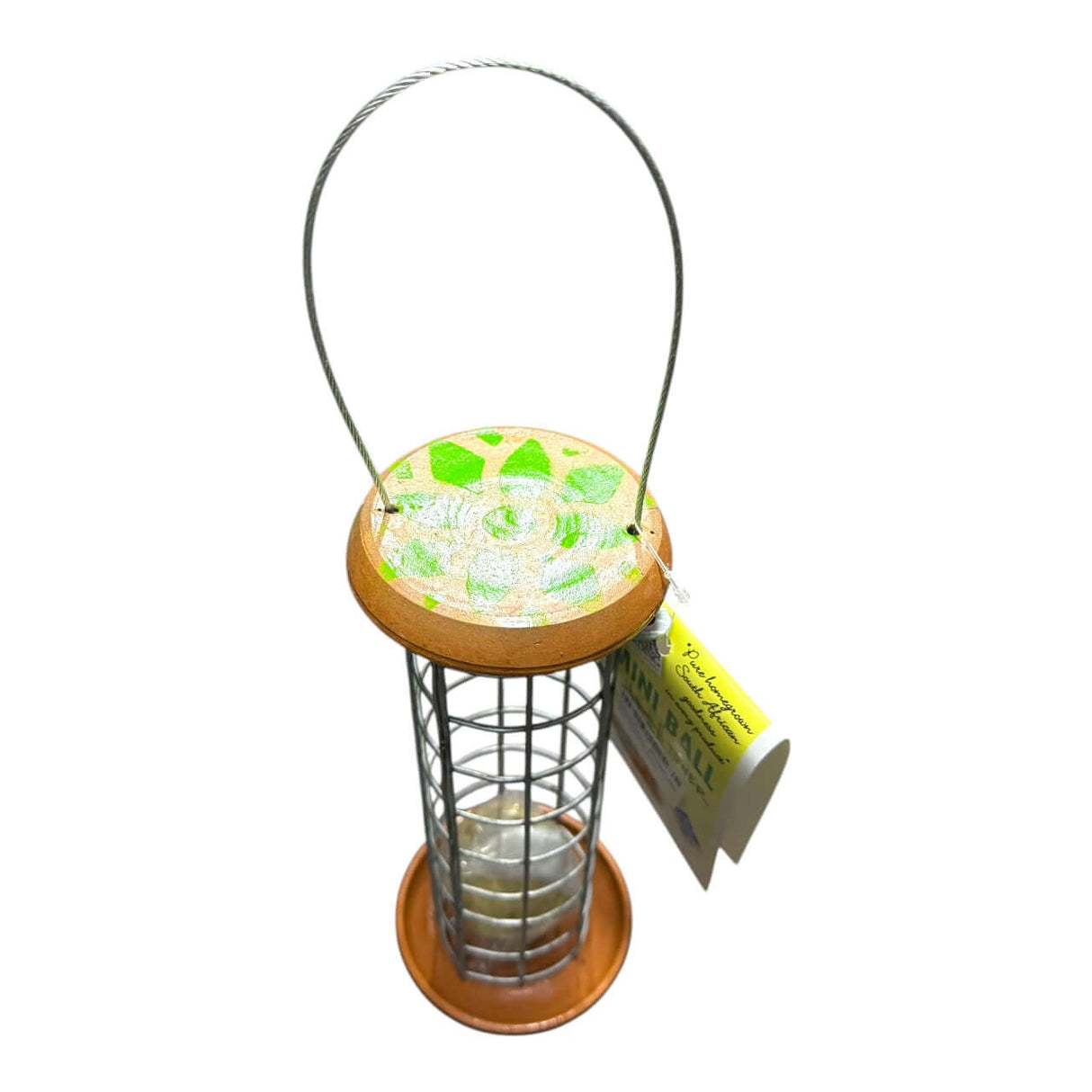 Elaine's Birding Mini Ball Tower Feeder with powder-coated wire mesh and catchment tray for suet balls.