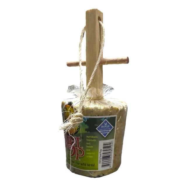Elaine's Birding Suet Pops, a nutrient-rich bird treat with built-in perch, perfect for feeding wild birds.