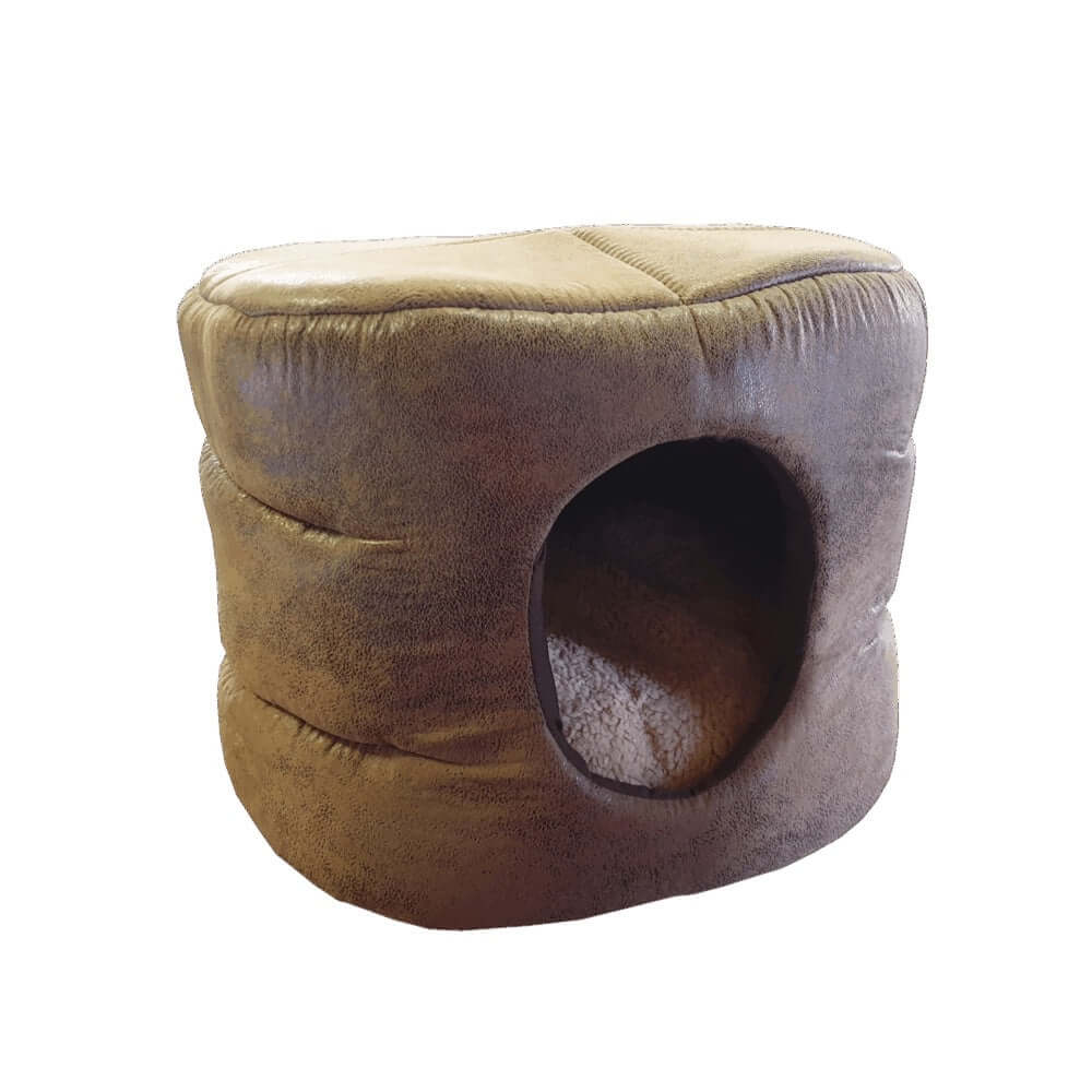 Pawsome Leather Barrel Foam Bed, a cozy enclosed pet bed for cats and small dogs with a soft fleece lining.