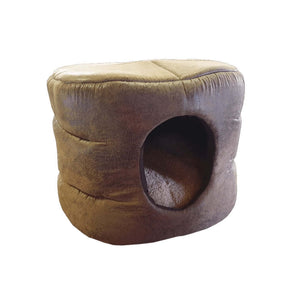 Pawsome Leather Barrel Foam Bed, a cozy enclosed pet bed for cats and small dogs with a soft fleece lining.