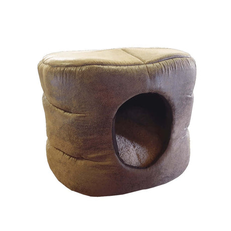 Pawsome Leather Barrel Foam Bed, a cozy enclosed pet bed for cats and small dogs with a soft fleece lining.