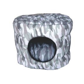 Pawsome Barrel Foam Bed in modern camouflage design, cozy bed for small pets with a snug sleeping space.