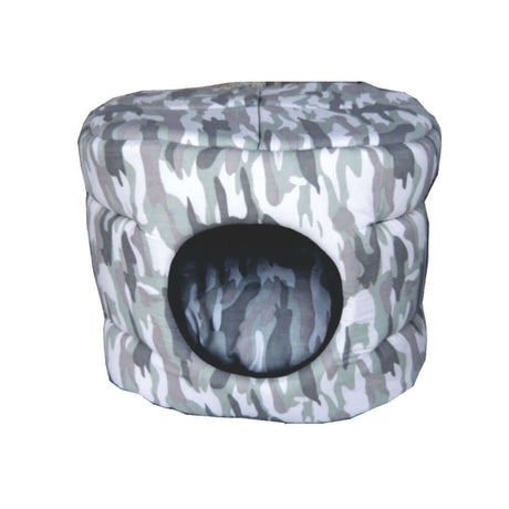 Pawsome Barrel Foam Bed in modern camouflage design, cozy bed for small pets with a snug sleeping space.