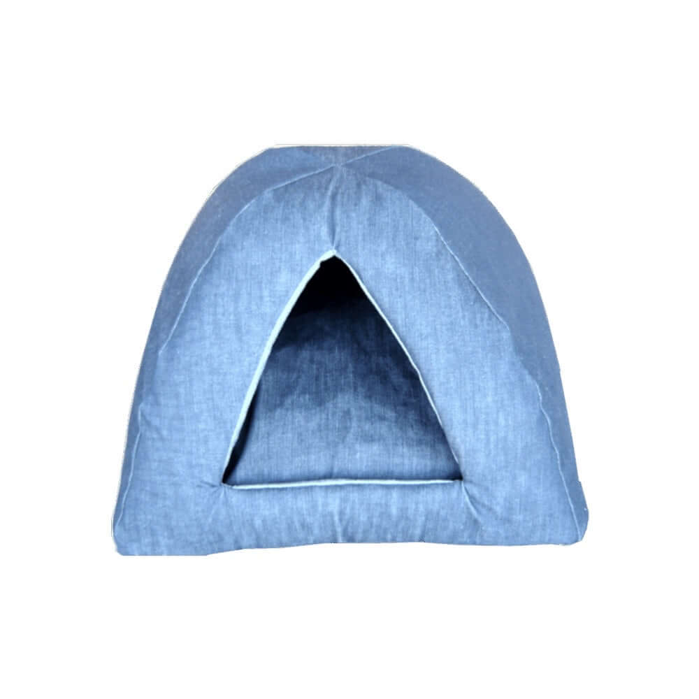 Pawsome Denim Cat Camper Foam Bed, cozy tent-style pet bed for cats and small pets, denim-look design.