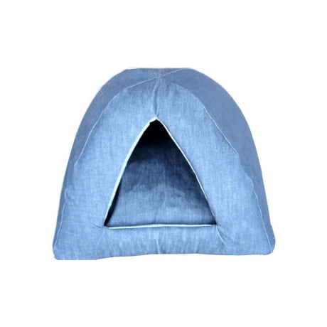 Pawsome Denim Cat Camper Foam Bed, cozy tent-style pet bed for cats and small pets, denim-look design.