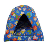 Pawsome Cat Camper Large in blue with colorful patterns, cozy tent-style design for cats and small pets.
