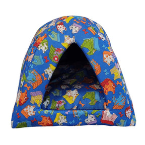 Pawsome Cat Camper Large in blue with colorful patterns, cozy tent-style design for cats and small pets.