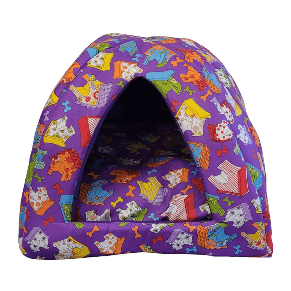Pawsome Cat Camper Large purple tent-style cat bed with colorful patterns, perfect for cozy naps.