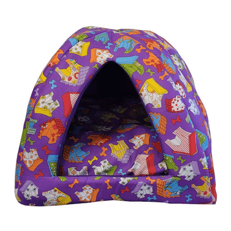 Pawsome Cat Camper Large purple tent-style cat bed with colorful patterns, perfect for cozy naps.