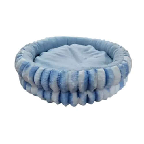 Plush Sleeper Fur Pod in blue, round pet bed made of ultra-soft plush fabric for cats and small dogs.