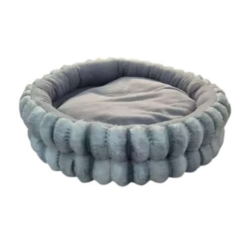 Plush Sleeper Fur Pod in grey, a soft round pet bed for cats and small dogs to curl up and rest comfortably.