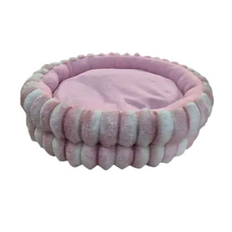 Plush Sleeper Fur Pod pet bed in soft pink, cozy round design for cats and small to medium-sized dogs.
