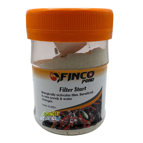 Finco Filter Start product bottle for activating pond filters and improving water quality.