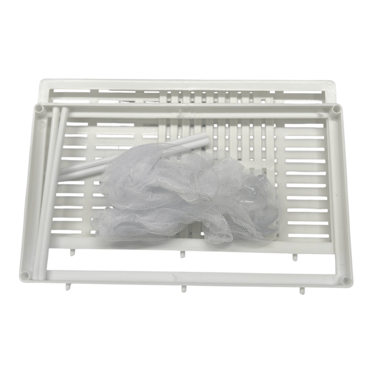 Fishnet Breeder Double components including net and frame for isolating sick fish and keeping fry safe.