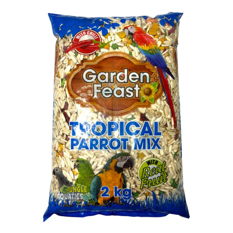 Garden Feast Tropical Parrot Mix bag with colorful parrots and nutritious ingredients for tropical birds.