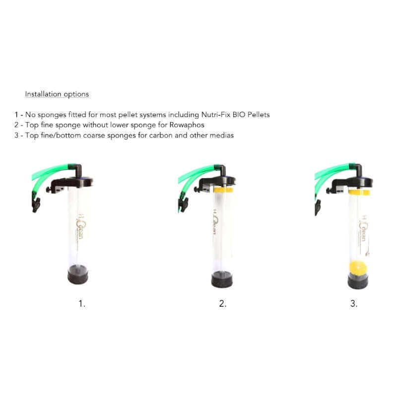 Installation options for H2Ocean FMR75 Fluidised Reactor showing sponges for different media.