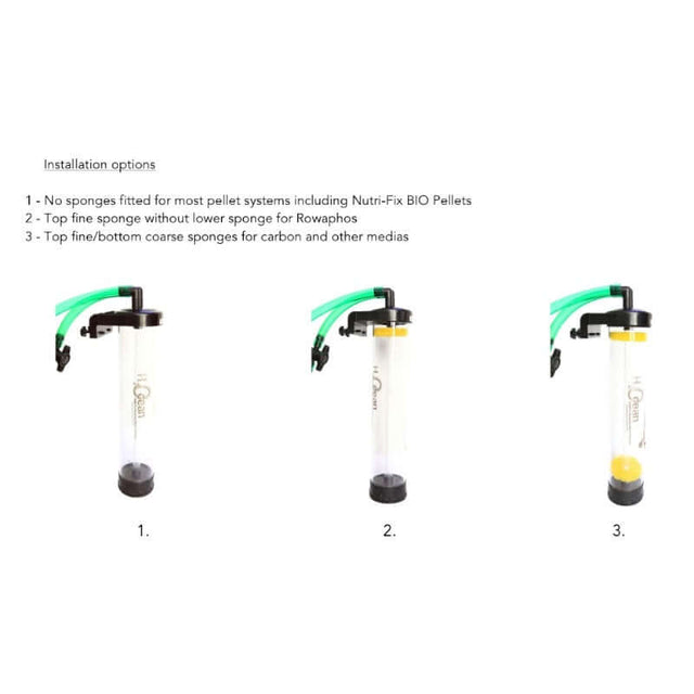 Installation options for H2Ocean FMR75 Fluidised Reactor showing sponges for different media.