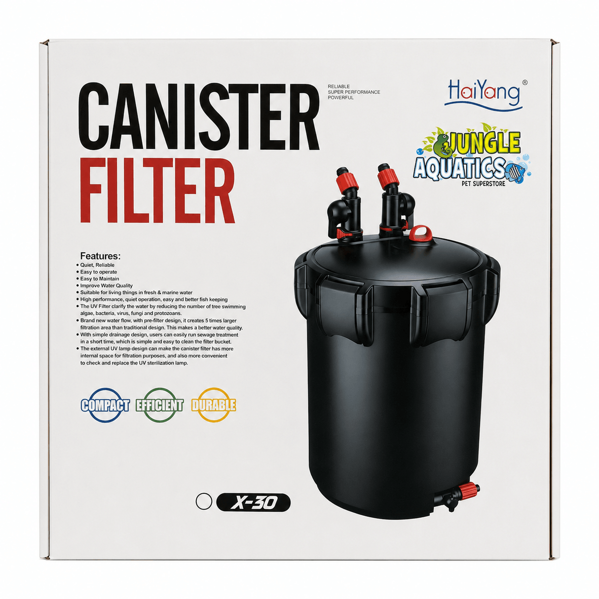 HaiYang X-30 UV Canister Filter packaging showcasing its features for effective aquarium filtration.